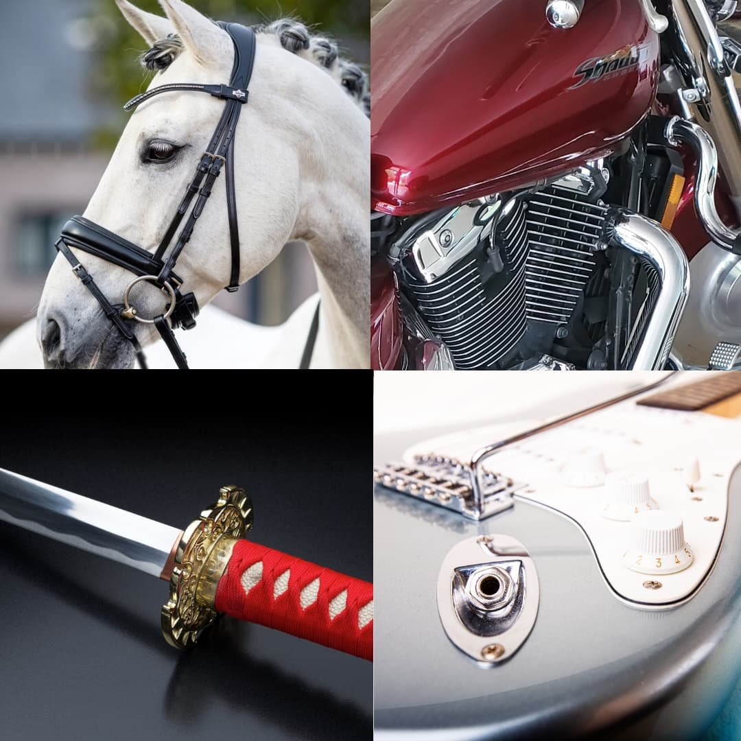 Collage of Doc Blackstone’s pastimes—white horse, motorcycle engine, katana sword and electric guitar