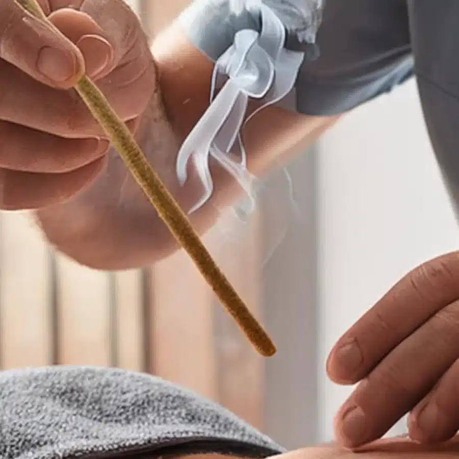 Doc Blackstone performing moxibustion on a patient (close-up)