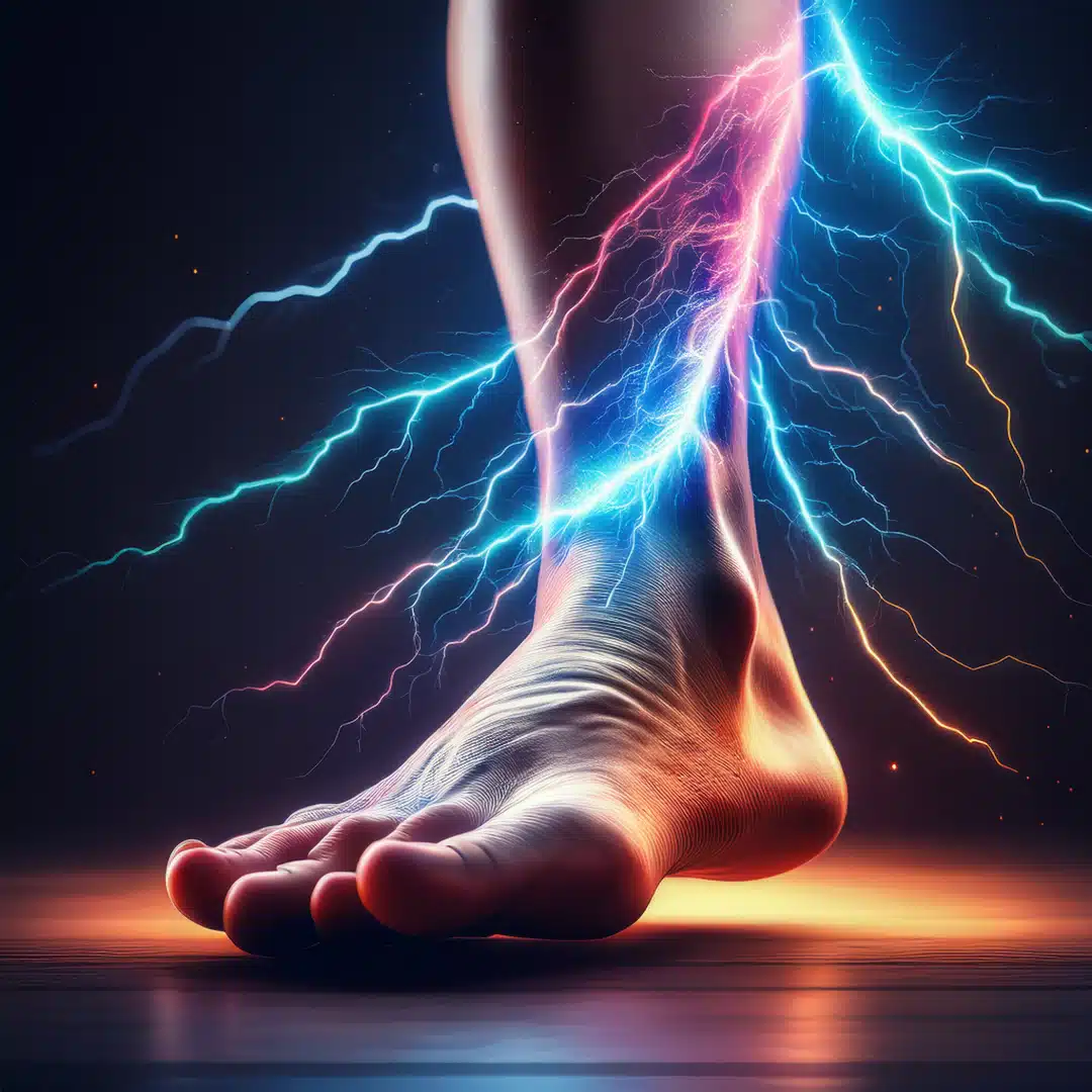 lightning bolt going through a foot symbolizing fiery pain caused by neuropathy