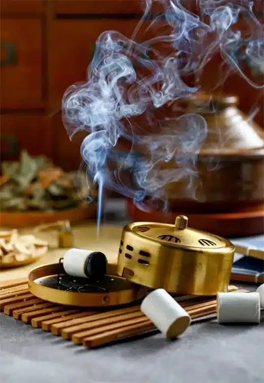 Moxibustion smoke rising from a brass burner, symbolising time-tested Chinese healing practices