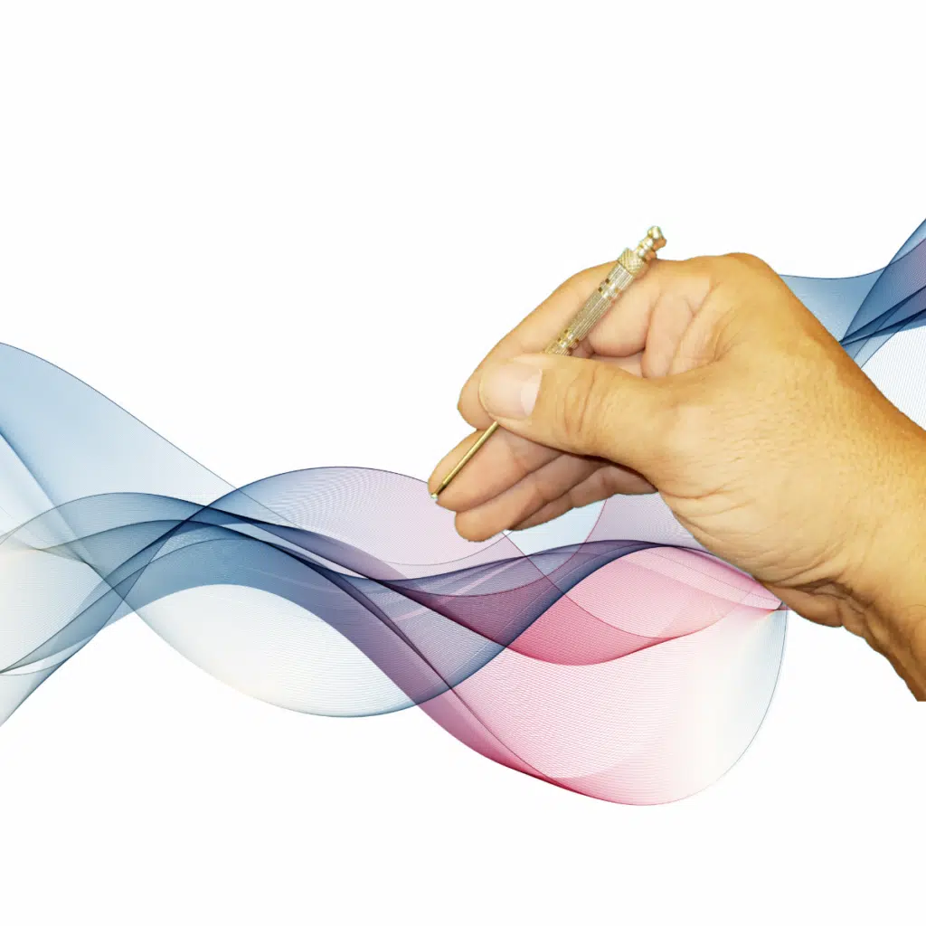 Doc Blackstone's hand holding a teishin with wave of light passing