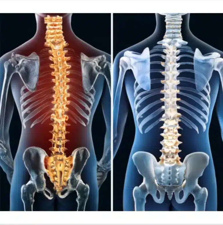 Side by side spinal graphic representation of bad and good alignment