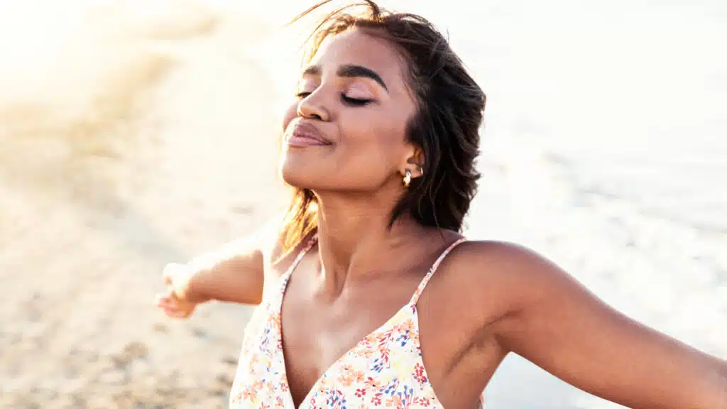 woman relaxed and deeply breathing