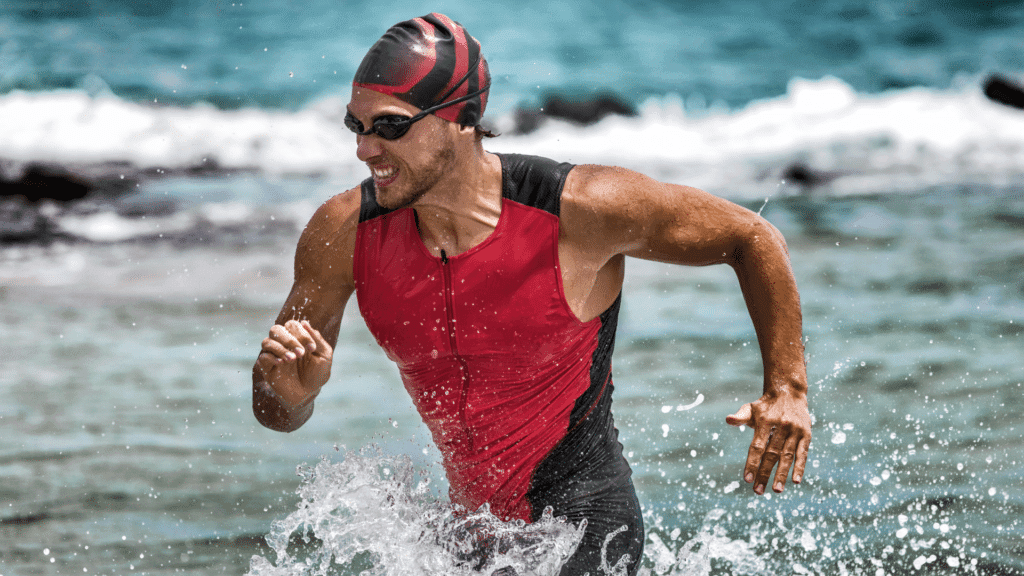 athlete running through waist deep water