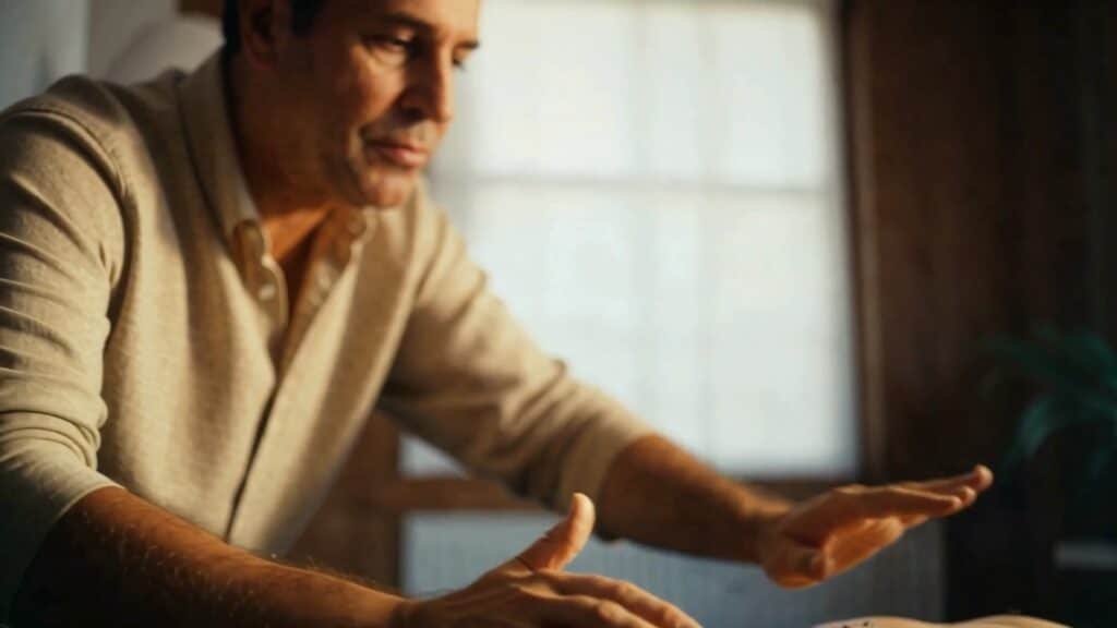 Master qigong practitioner emitting qi though hands towards a patient lying face down on a treatment table