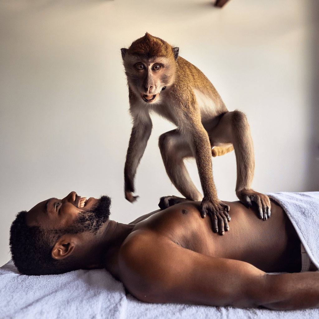monkey crouched on top of a man suffering from back pain lying on therapy table