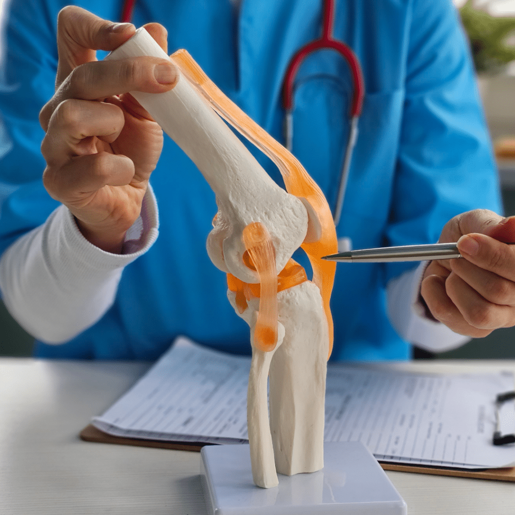 doctor pointing out a knee problem using a knee model to describe surgery