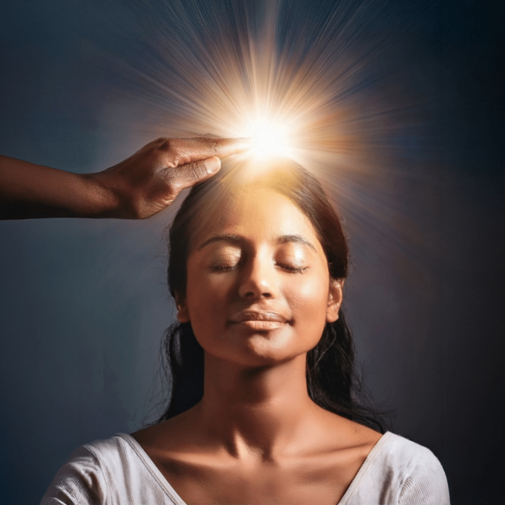 Doc Blackstone guiding qi to crown chakra of a woman's head
