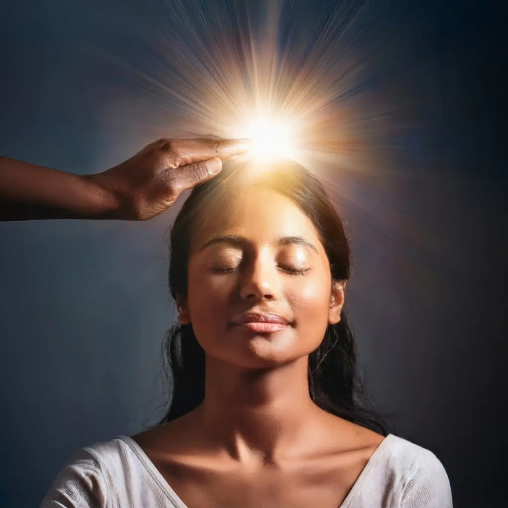 Doc Blackstone guiding qi to crown chakra of a woman's head during Medical Qigong therapy session
