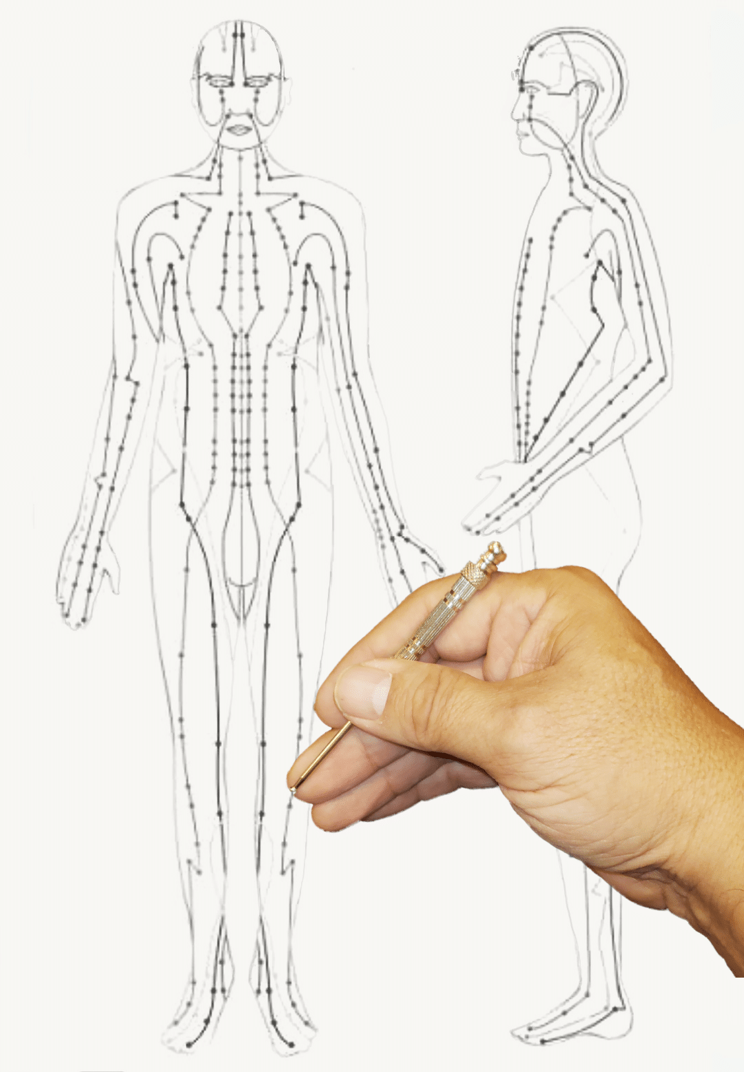 Doc Blackstone holding a teishin to a map of meridians depicting qi flow