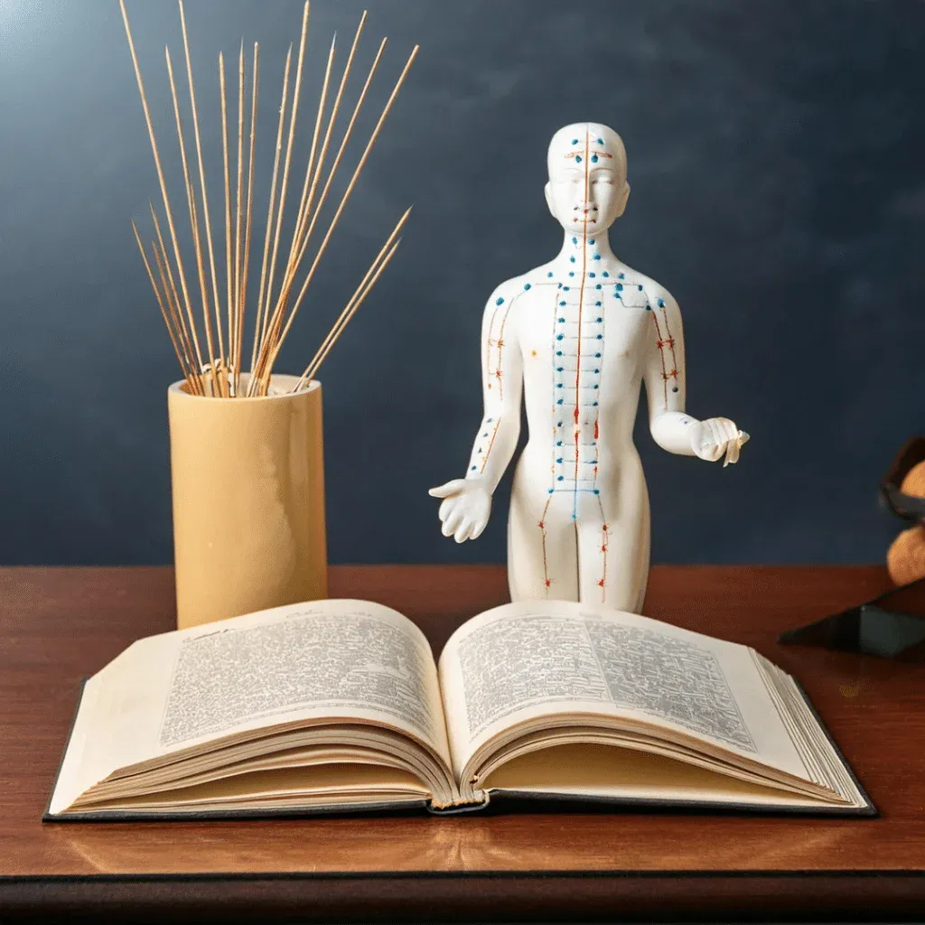 Chinese Medicine book and point location figure displayed on a desk