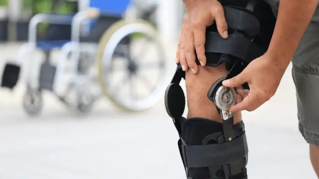 injury patient making adjustment to knee brace