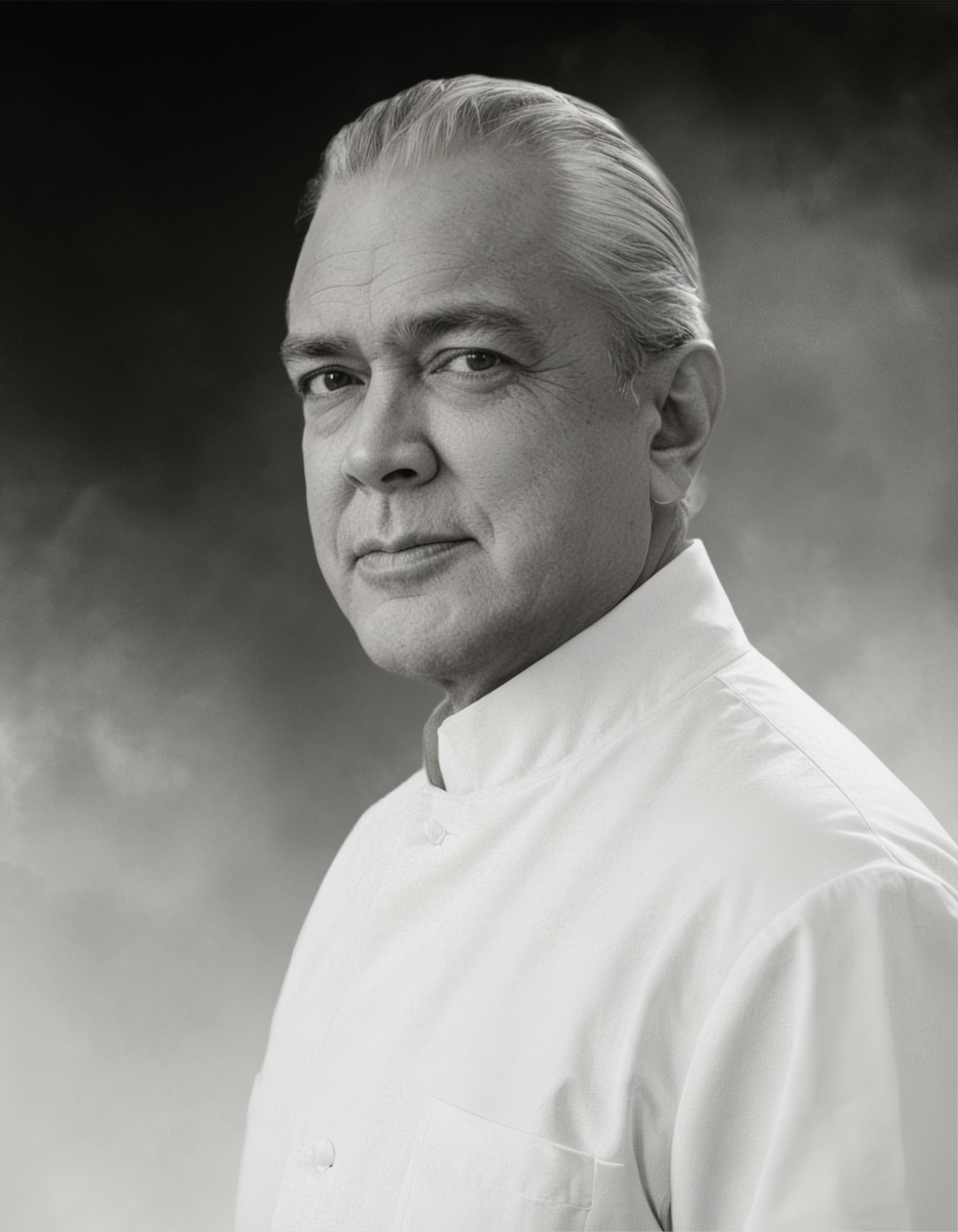 Black and white portrait of Doc Blackstone in white uniform